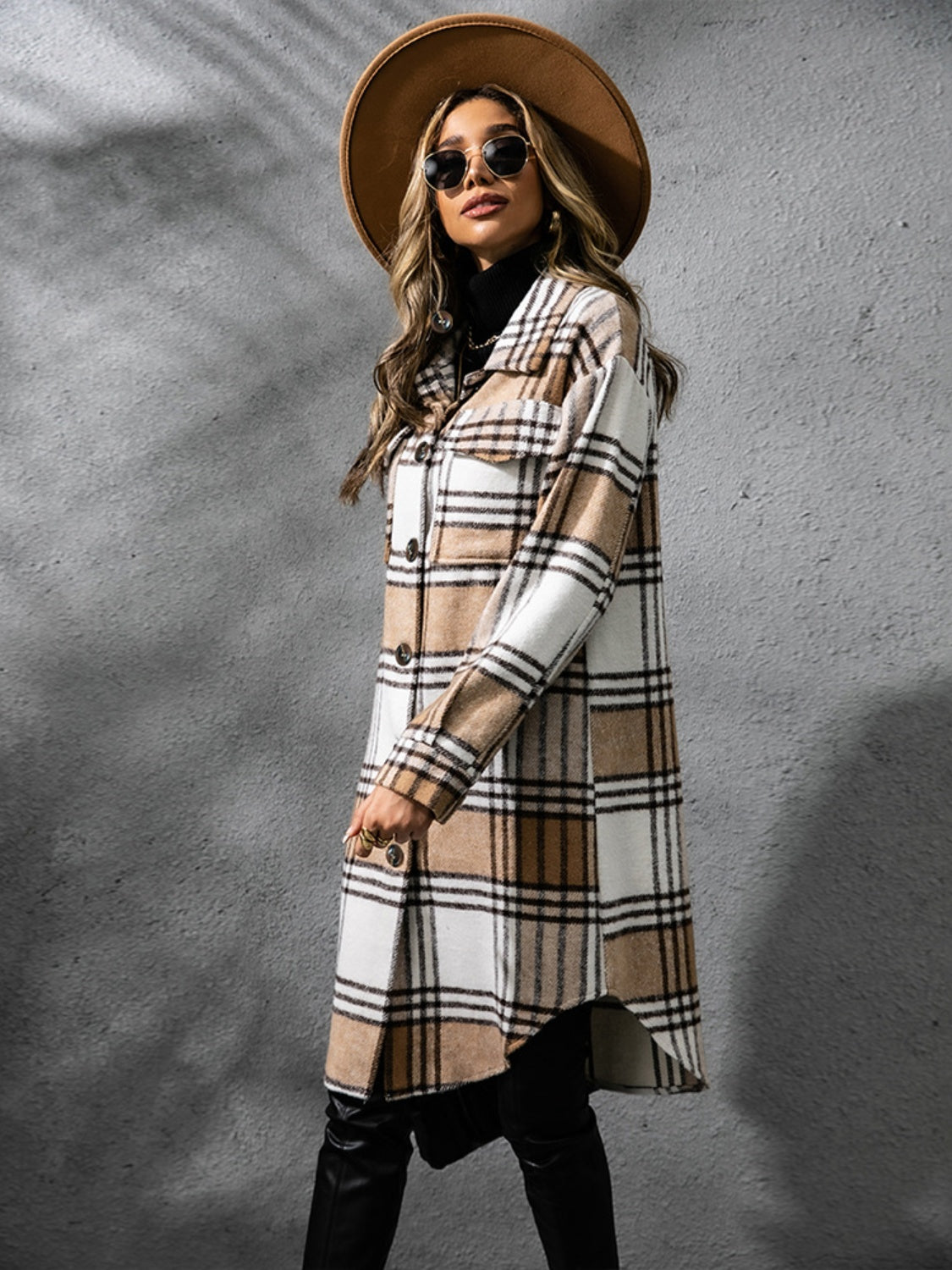 Plaid Collared Neck Long Sleeve Coat-TOPS / DRESSES-[Adult]-[Female]-2022 Online Blue Zone Planet