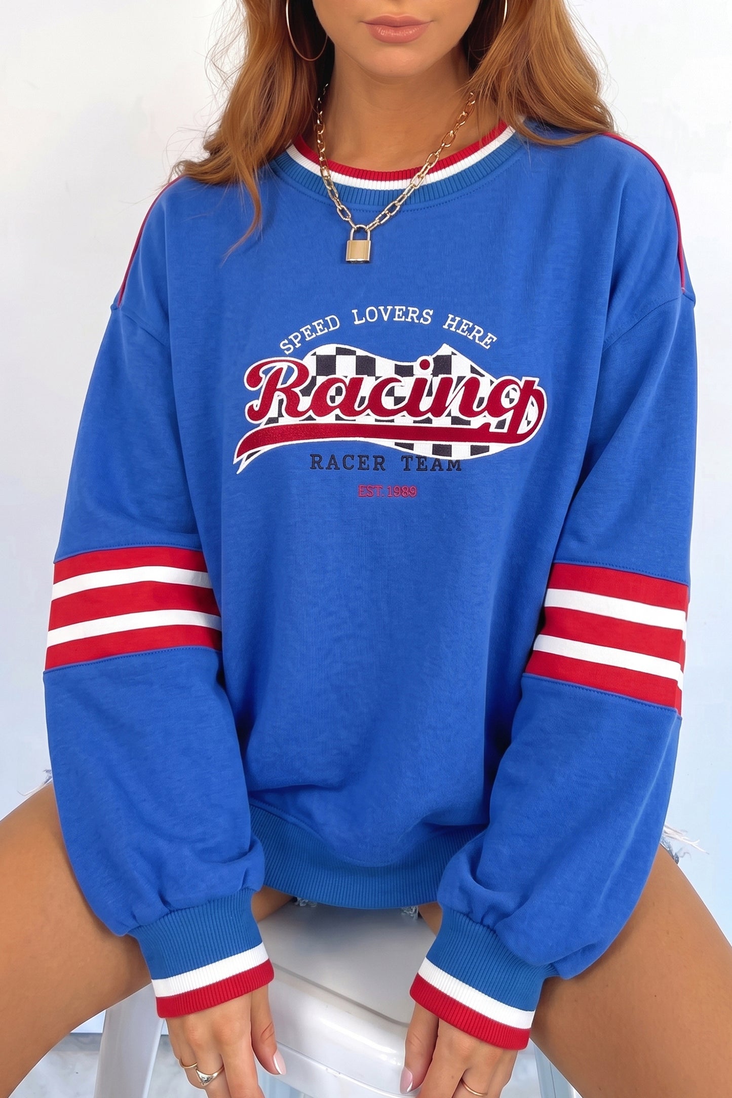 Sky Blue Abstract Racing Graphic Embroidered Patchwork Long Sleeve Sweatshirt-Tops/Sweatshirts & Hoodies-[Adult]-[Female]-2022 Online Blue Zone Planet