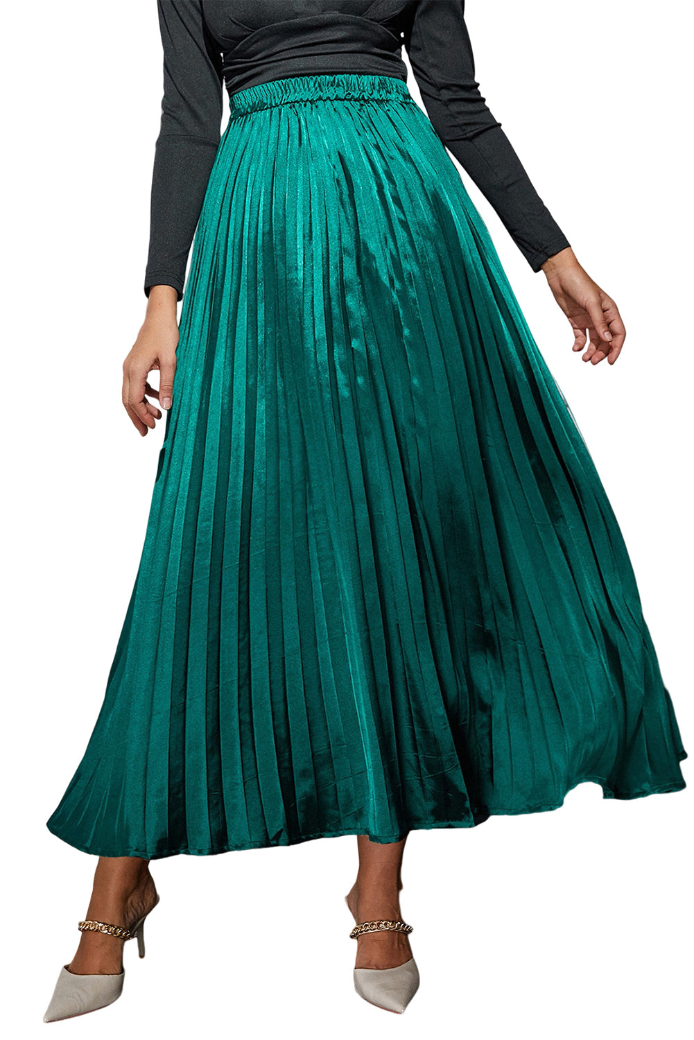 Blackish Green Satin Elastic Waist Pleated Maxi Skirt-Bottoms/Skirts & Petticoat-[Adult]-[Female]-2022 Online Blue Zone Planet