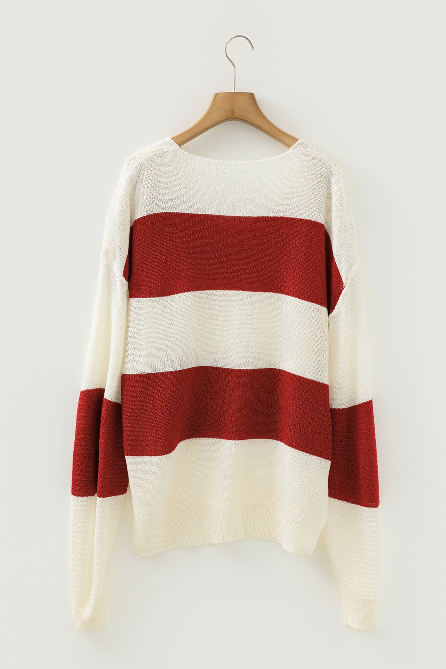 Red Stripe Loose Color Block Drop Shoulder Bubble Sleeve Sweater-TOPS / DRESSES-[Adult]-[Female]-2022 Online Blue Zone Planet