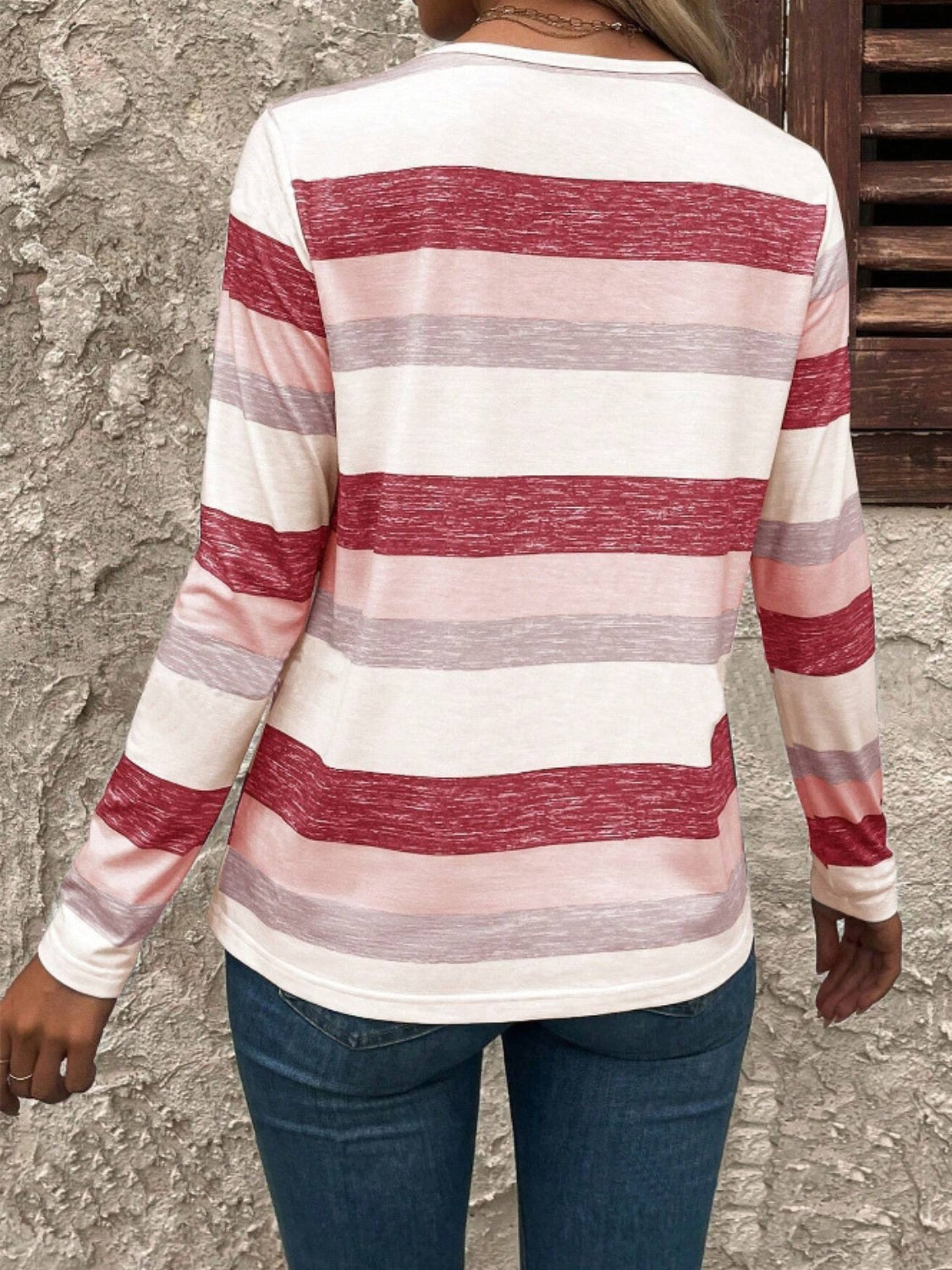 Contrast Striped V-Neck Long Sleeve T-Shirt-TOPS / DRESSES-[Adult]-[Female]-2022 Online Blue Zone Planet