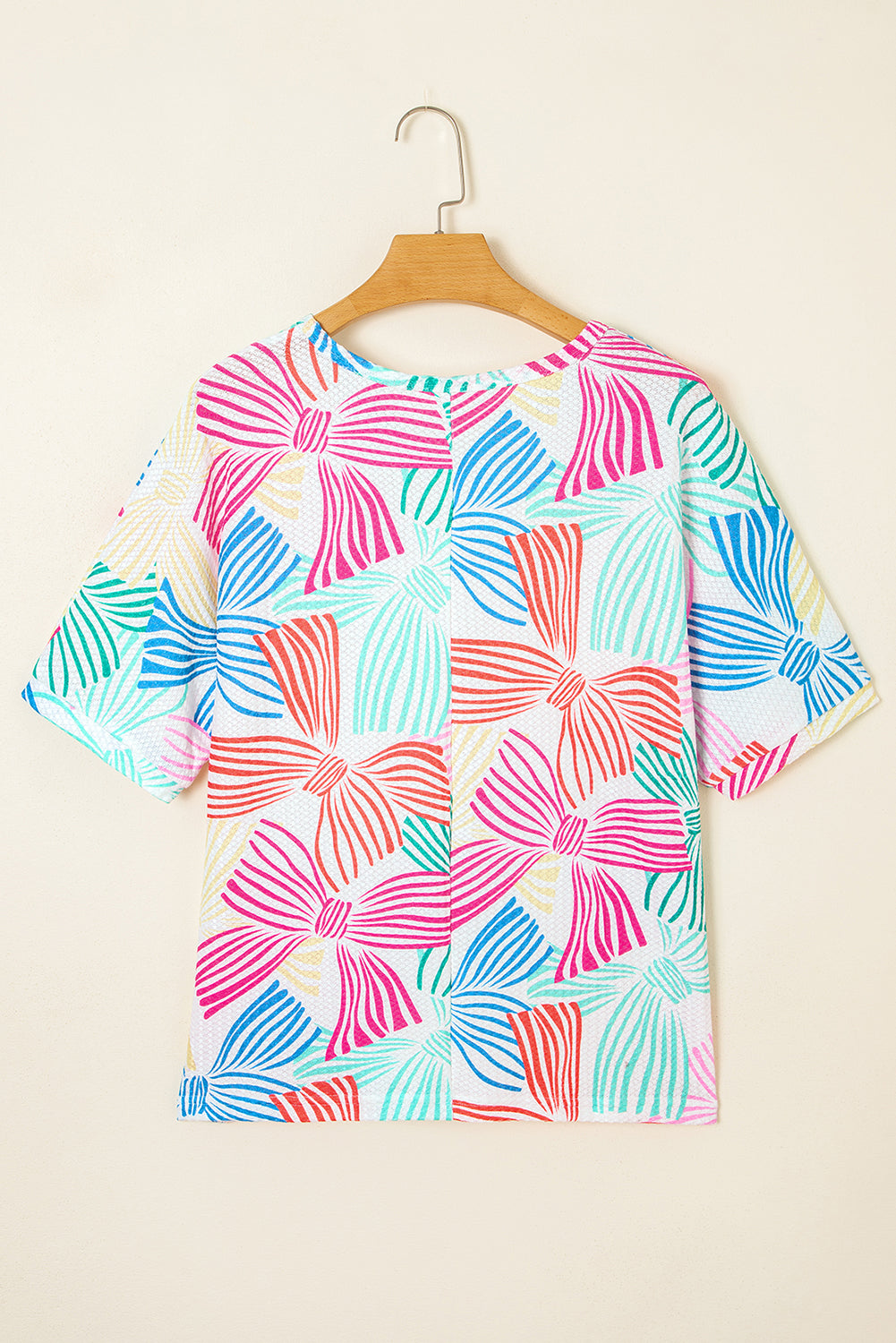 Multicolour Bowknot Printed Waffle Crewneck Loose Short Sleeve Top-Tops/Tops & Tees-[Adult]-[Female]-2022 Online Blue Zone Planet