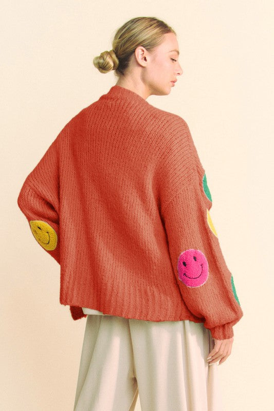 Davi & Dani Fuzzy Smile Open Front Long Sleeve Cardigan-TOPS / DRESSES-[Adult]-[Female]-2022 Online Blue Zone Planet