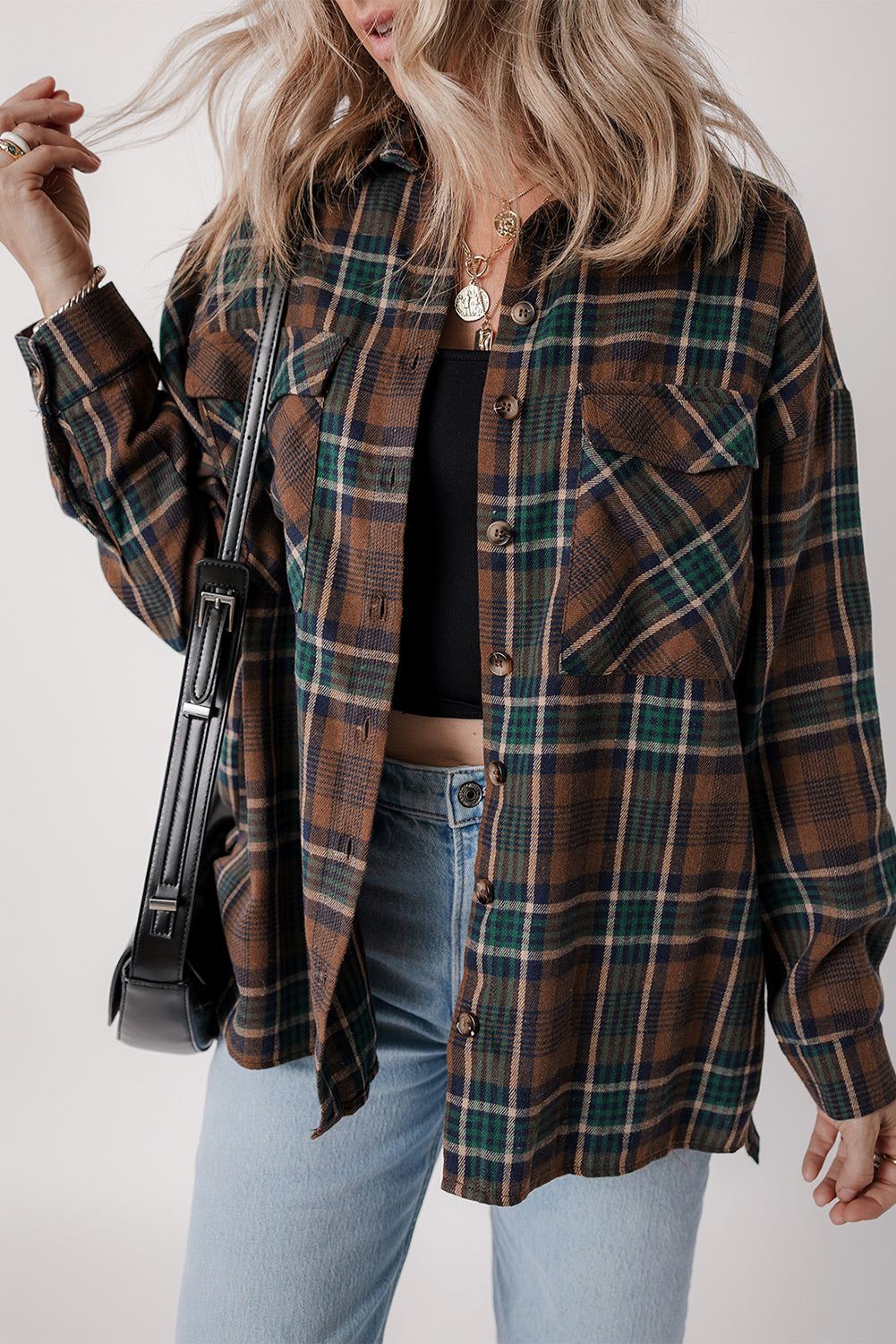 Brown Plaid Print Chest Pockets Buttoned Shirt Jacket-Outerwear/Plaid Shackets-[Adult]-[Female]-Brown-S-2022 Online Blue Zone Planet