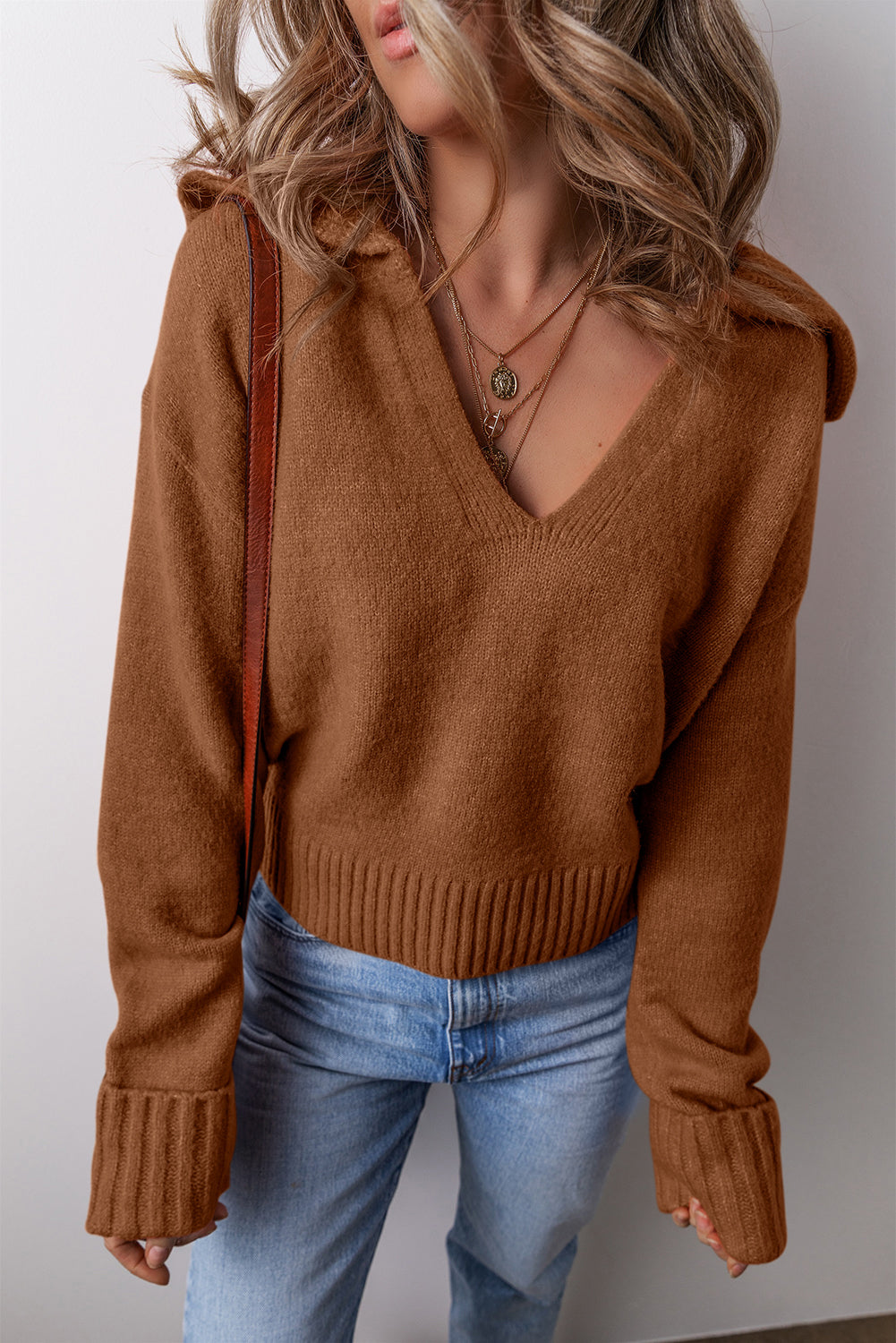Chestnut Collared V Neck Ribbed Edge Sexy Elegant Sweater-Sweaters & Cardigans/Sweaters-[Adult]-[Female]-Chestnut-S-2022 Online Blue Zone Planet