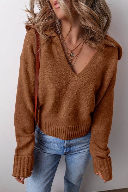 Chestnut Collared V Neck Ribbed Edge Sexy Elegant Sweater-Sweaters & Cardigans/Sweaters-[Adult]-[Female]-Chestnut-S-2022 Online Blue Zone Planet