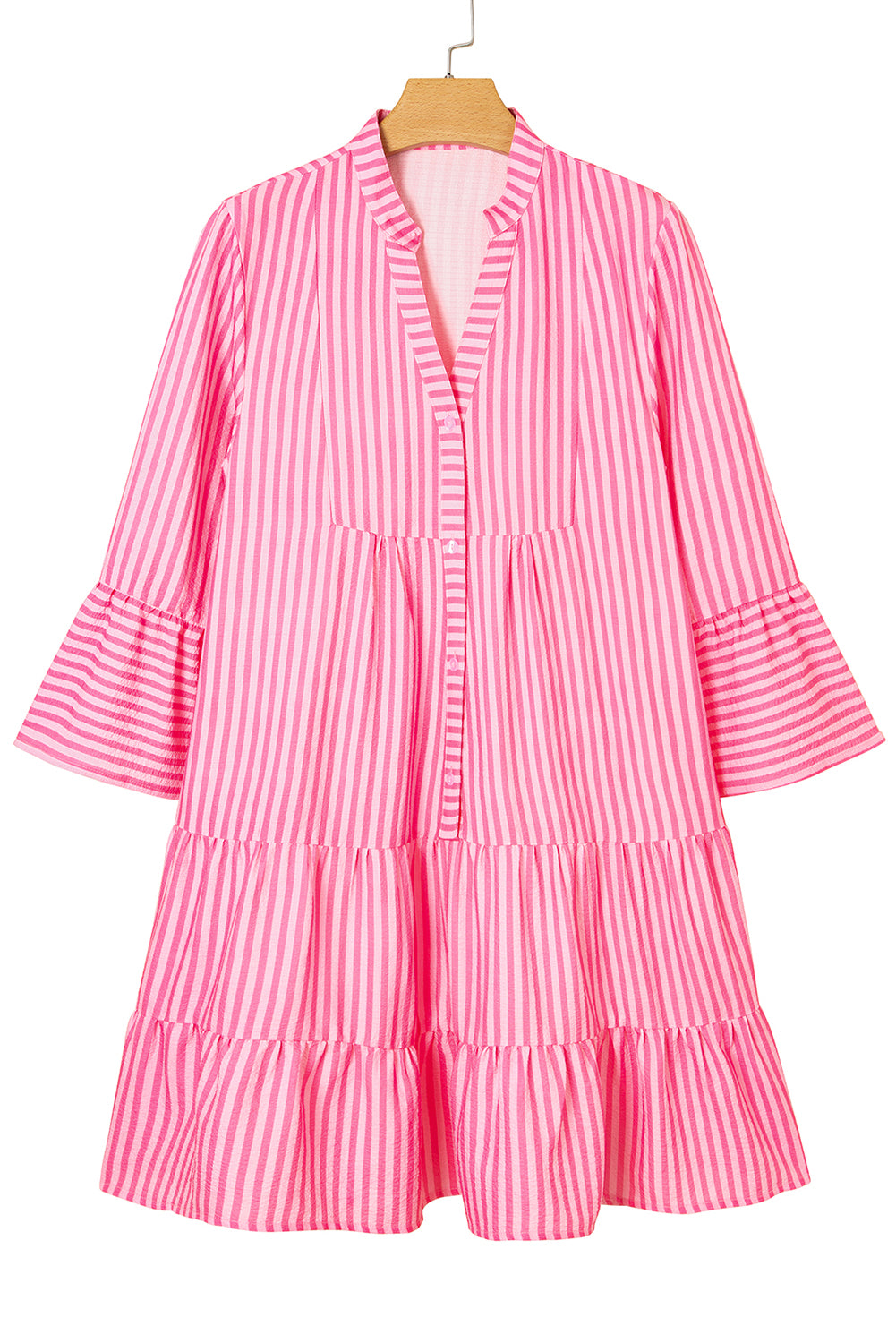 Pink Stripe Flare Sleeve Half Placket Tiered Flowy Mini Dress-TOPS / DRESSES-[Adult]-[Female]-2022 Online Blue Zone Planet