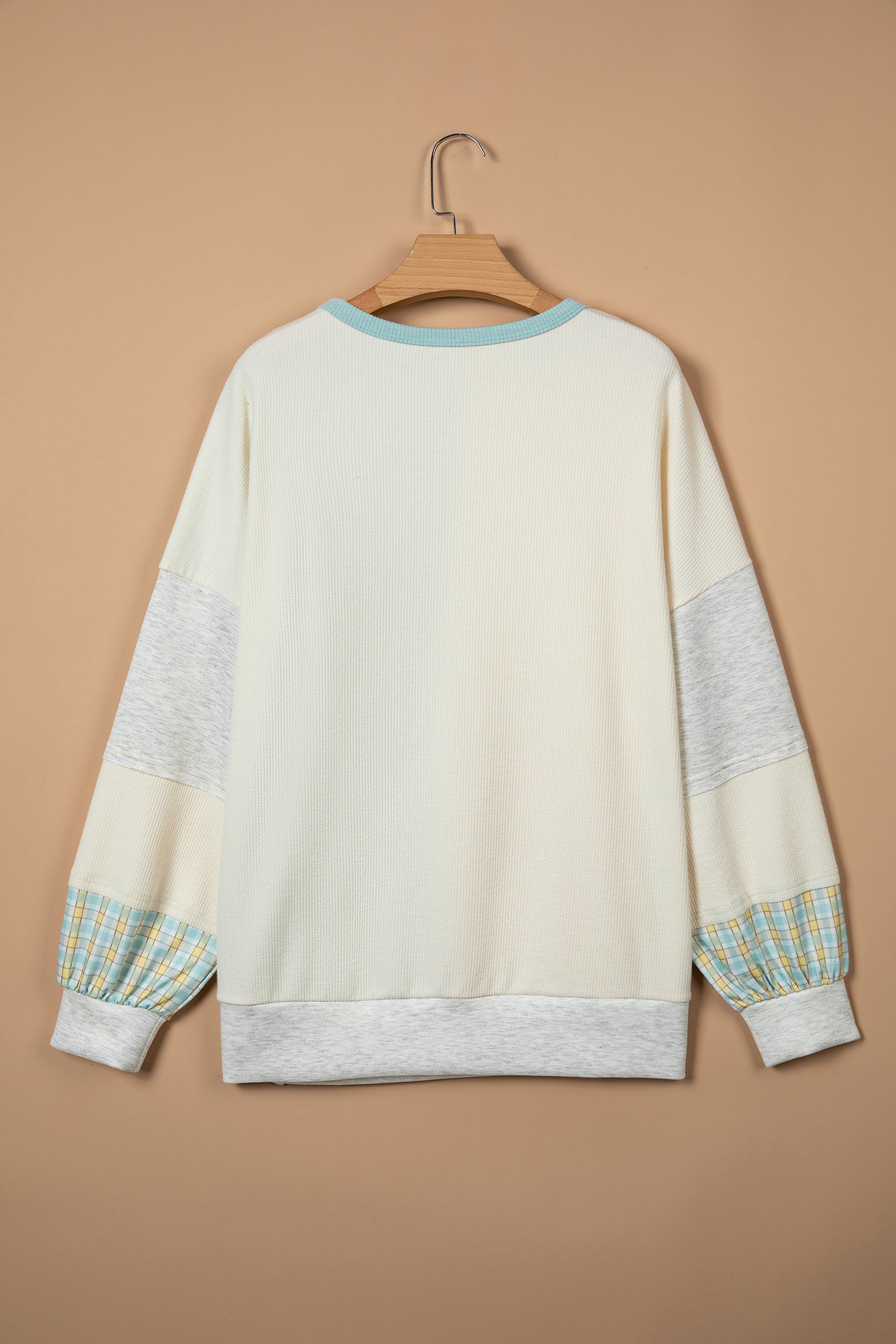 Light Blue Plaid Patchwork Round Neck Long Sleeve Top-Tops/Long Sleeve Tops-[Adult]-[Female]-2022 Online Blue Zone Planet
