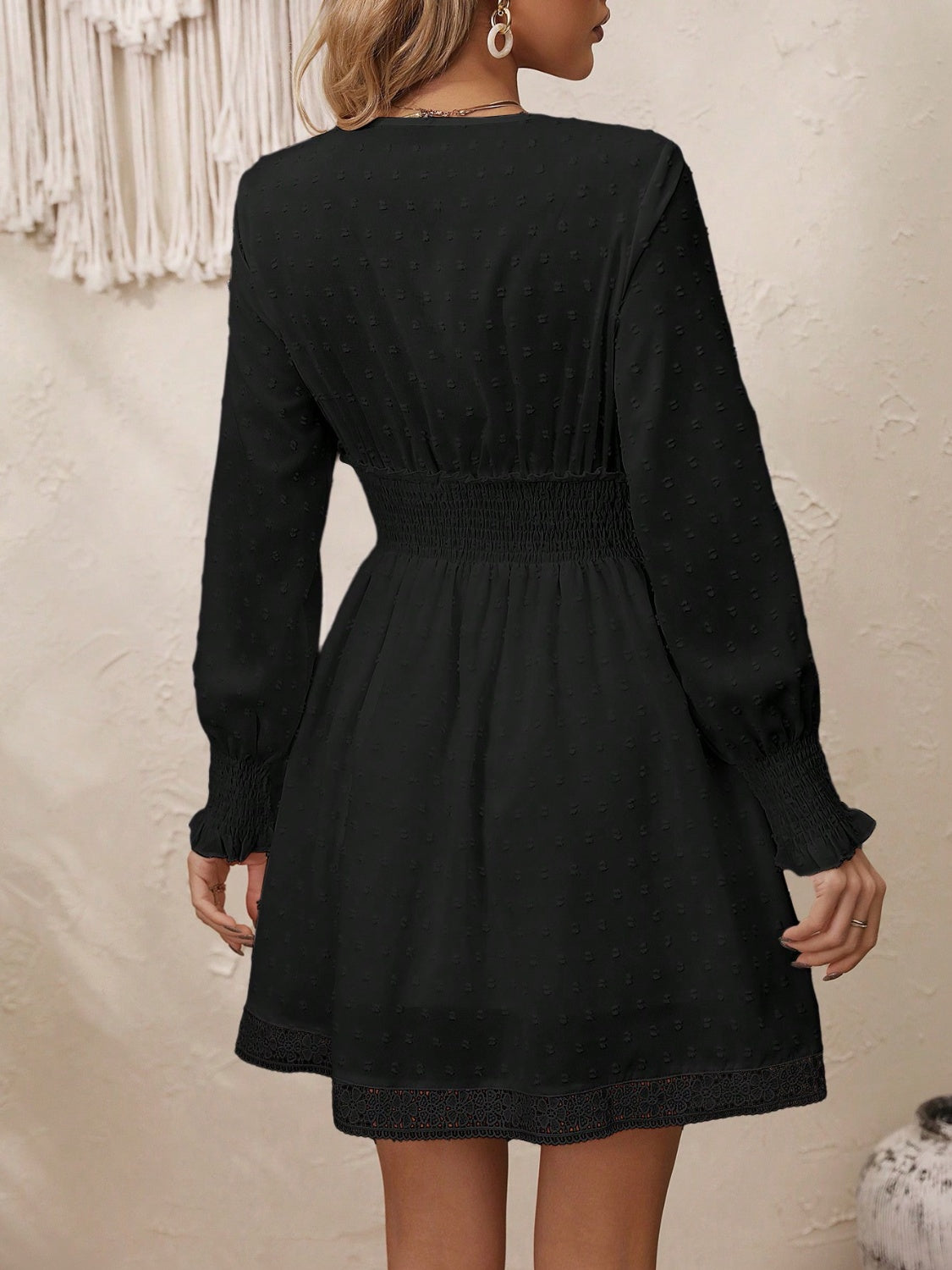 Lace Detail V-Neck Long Sleeve Dress-TOPS / DRESSES-[Adult]-[Female]-2022 Online Blue Zone Planet