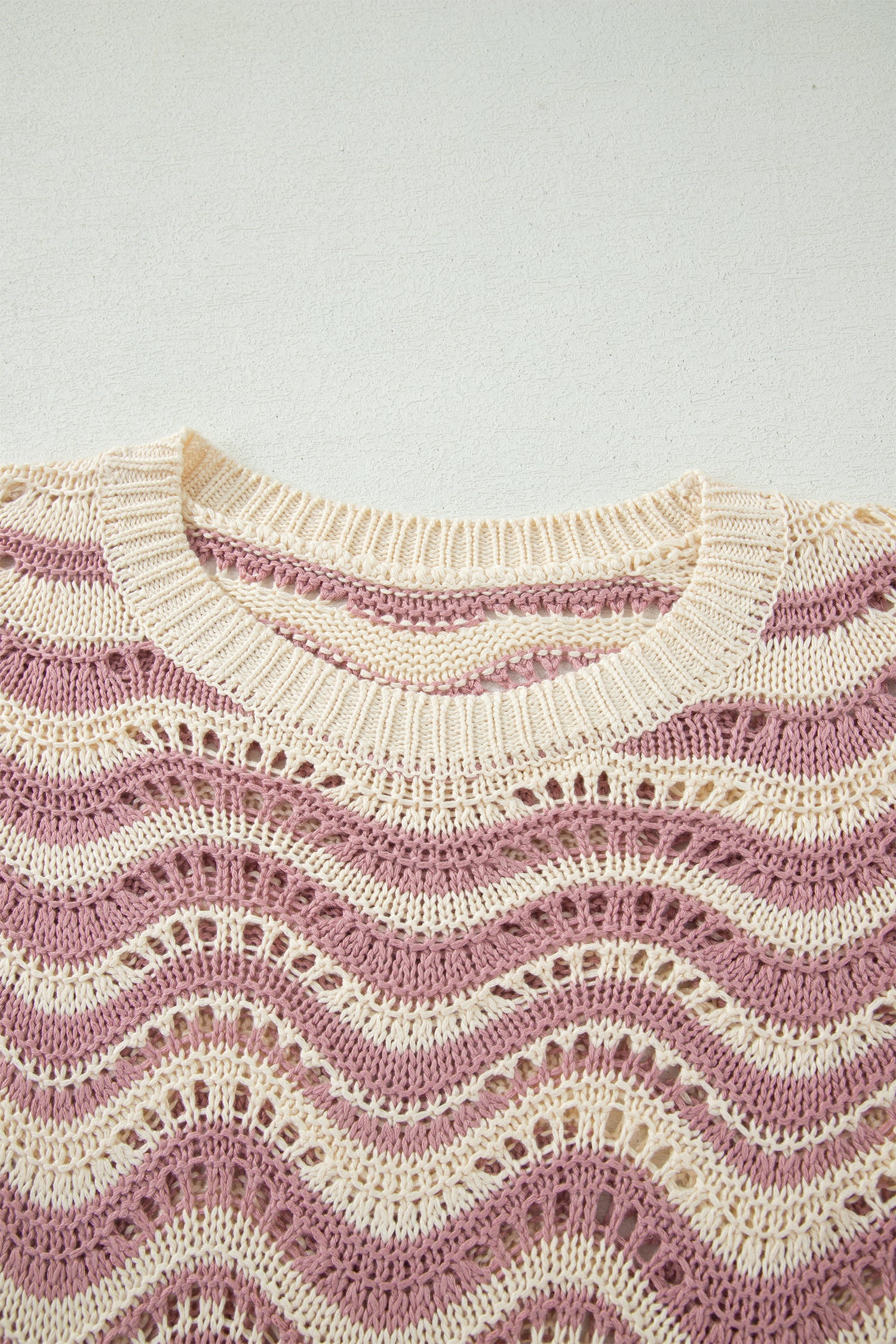 Beige Stripe Wavy Crochet Eyelet Detail Ruffle Half Sleeve Sweater-TOPS / DRESSES-[Adult]-[Female]-2022 Online Blue Zone Planet