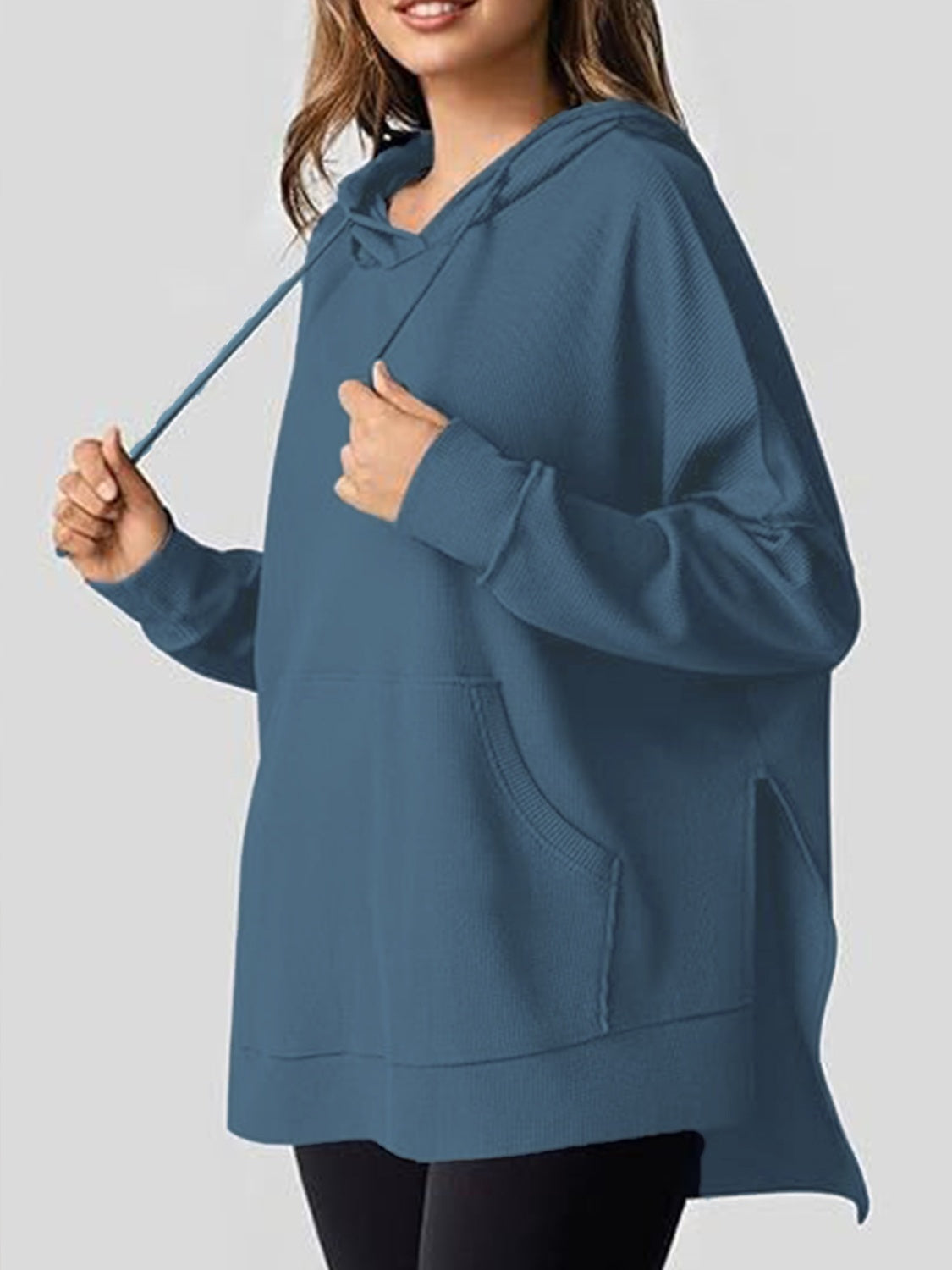 Drawstring Slit Long Sleeve Hoodie-TOPS / DRESSES-[Adult]-[Female]-Navy-S-2022 Online Blue Zone Planet