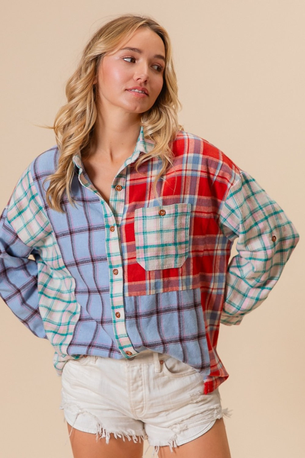 BiBi Color Block Plaid Button Down Shirt-TOPS / DRESSES-[Adult]-[Female]-Denim/Red-S-2022 Online Blue Zone Planet