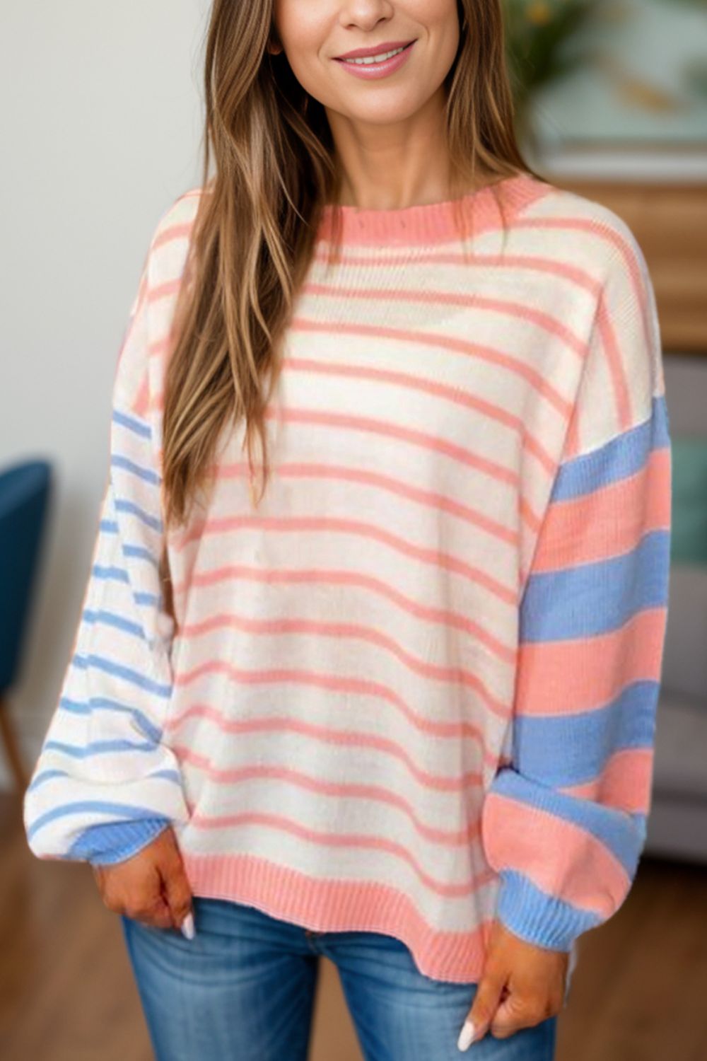 Contrast Striped Round Neck Long Sleeve Sweater-TOPS / DRESSES-[Adult]-[Female]-White-S-2022 Online Blue Zone Planet