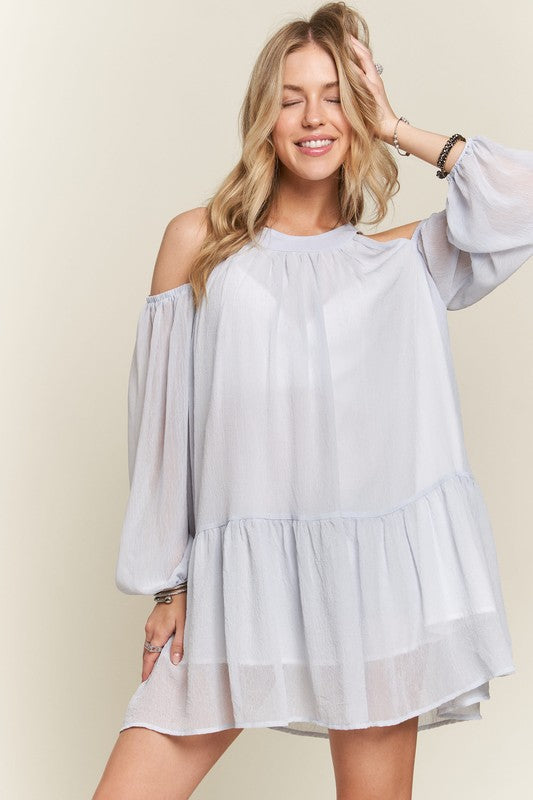 ADORA Cold Shoulder Balloon Sleeve Mini Dress-TOPS / DRESSES-[Adult]-[Female]-2022 Online Blue Zone Planet