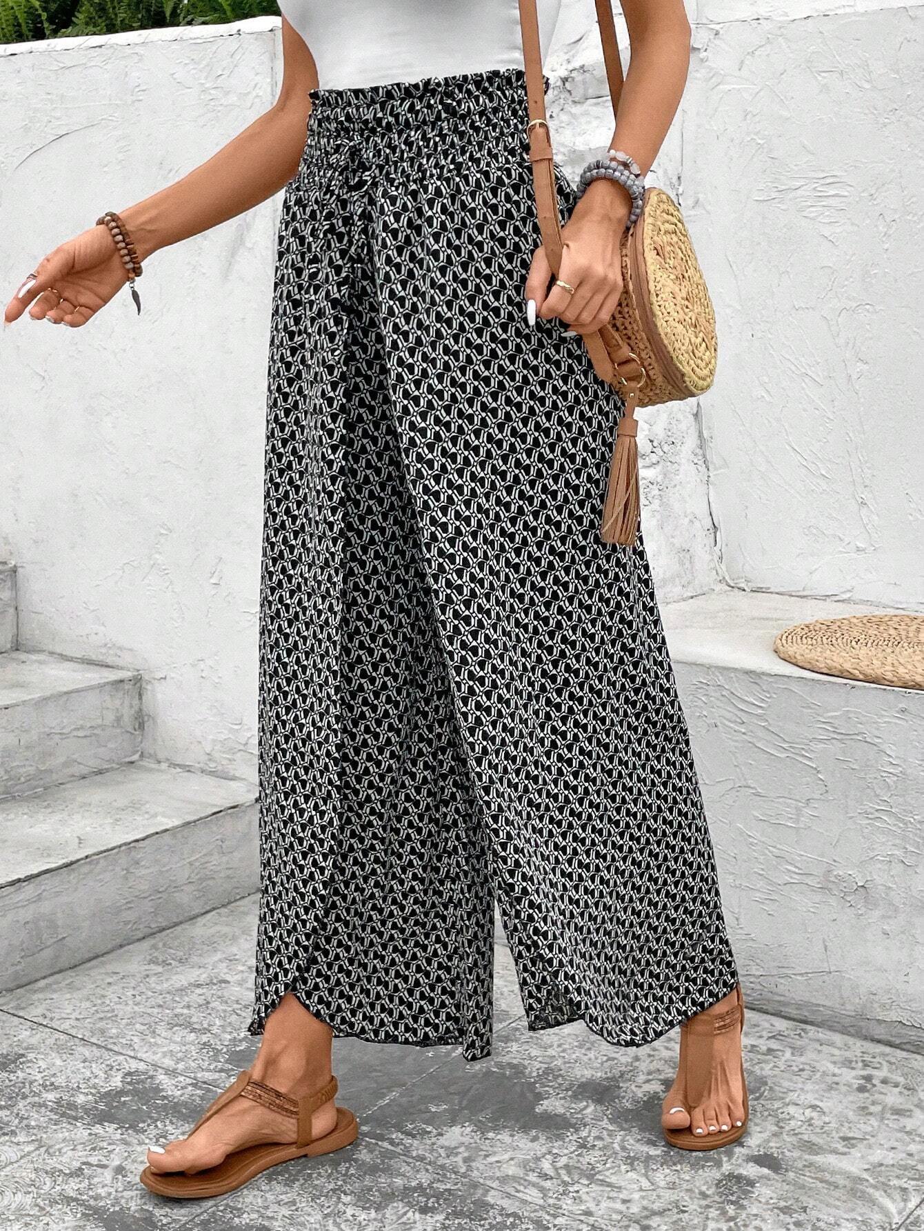 Black Bohemian Print Slit Wide Leg Smocked High Waist Pants-Bottoms/Pants & Culotte-[Adult]-[Female]-2022 Online Blue Zone Planet