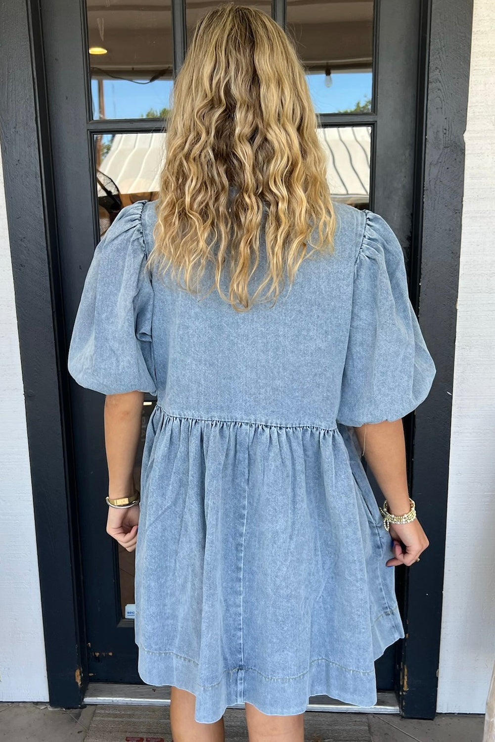 Dusk Blue Bowknot Bubble Sleeve Short Denim Dress-TOPS / DRESSES-[Adult]-[Female]-2022 Online Blue Zone Planet