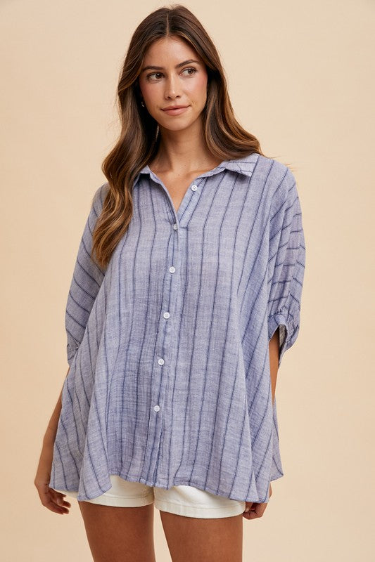 Annie Wear Striped Button Up Half Sleeve Shirt-TOPS / DRESSES-[Adult]-[Female]-2022 Online Blue Zone Planet