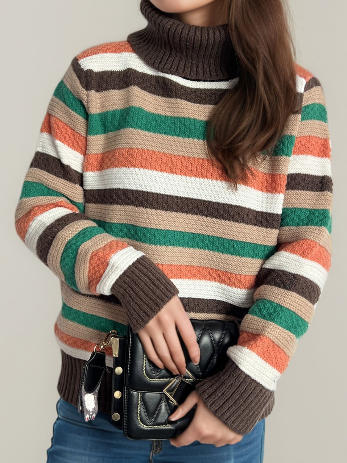 Blue Zone Planet | Contrast Stripes Turtleneck Long Sleeve Sweater-TOPS / DRESSES-[Adult]-[Female]-2022 Online Blue Zone Planet