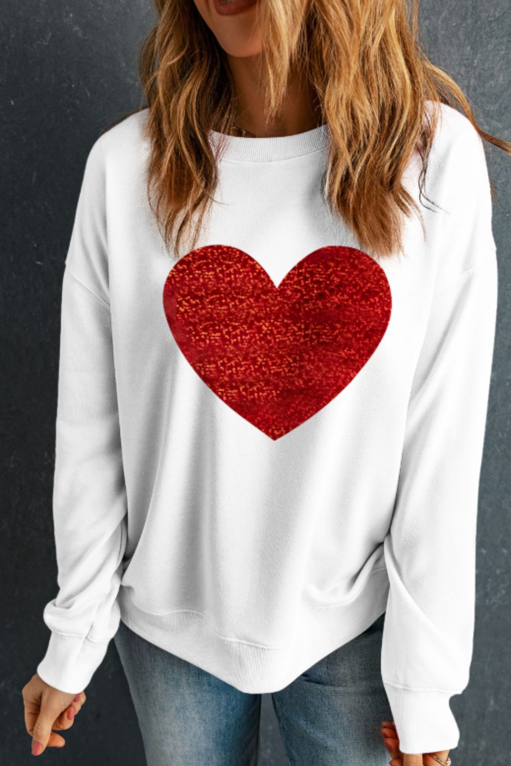 Valentine’s Day Heart Round Neck Long Sleeve Sweatshirt-TOPS / DRESSES-[Adult]-[Female]-2022 Online Blue Zone Planet