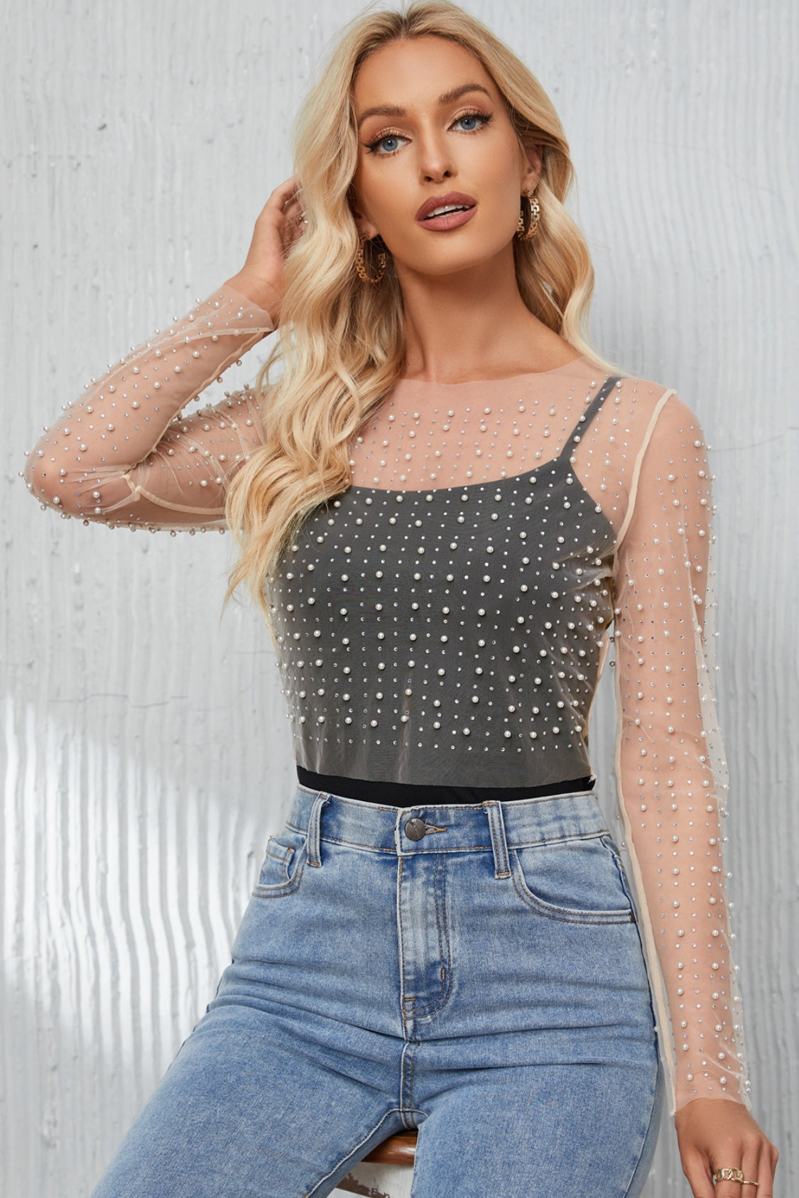 Pearl Long Sleeve Mesh Cropped Top BLUE ZONE PLANET