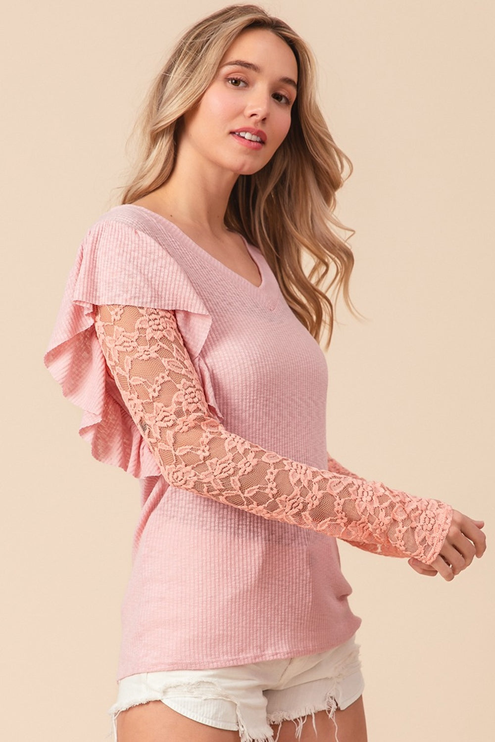 BiBi Ruffled Lace Sleeve Rib Knit Top-TOPS / DRESSES-[Adult]-[Female]-2022 Online Blue Zone Planet