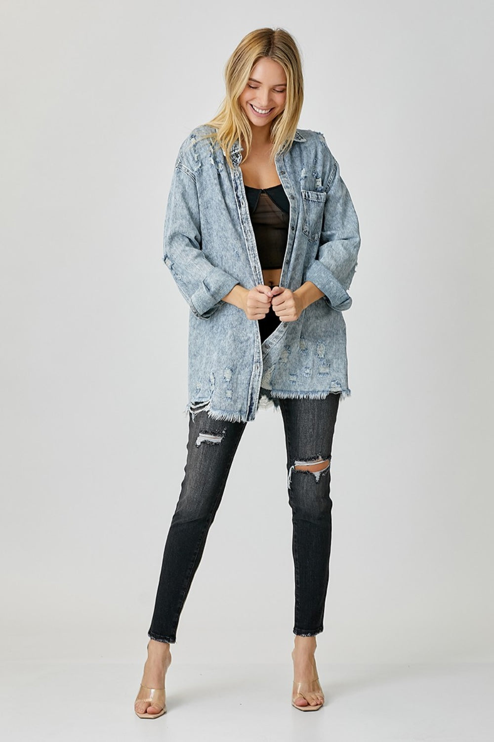 Blue Zone Planet | RISEN Distressed Raw Hem Denim Shirt-TOPS / DRESSES-[Adult]-[Female]-2022 Online Blue Zone Planet