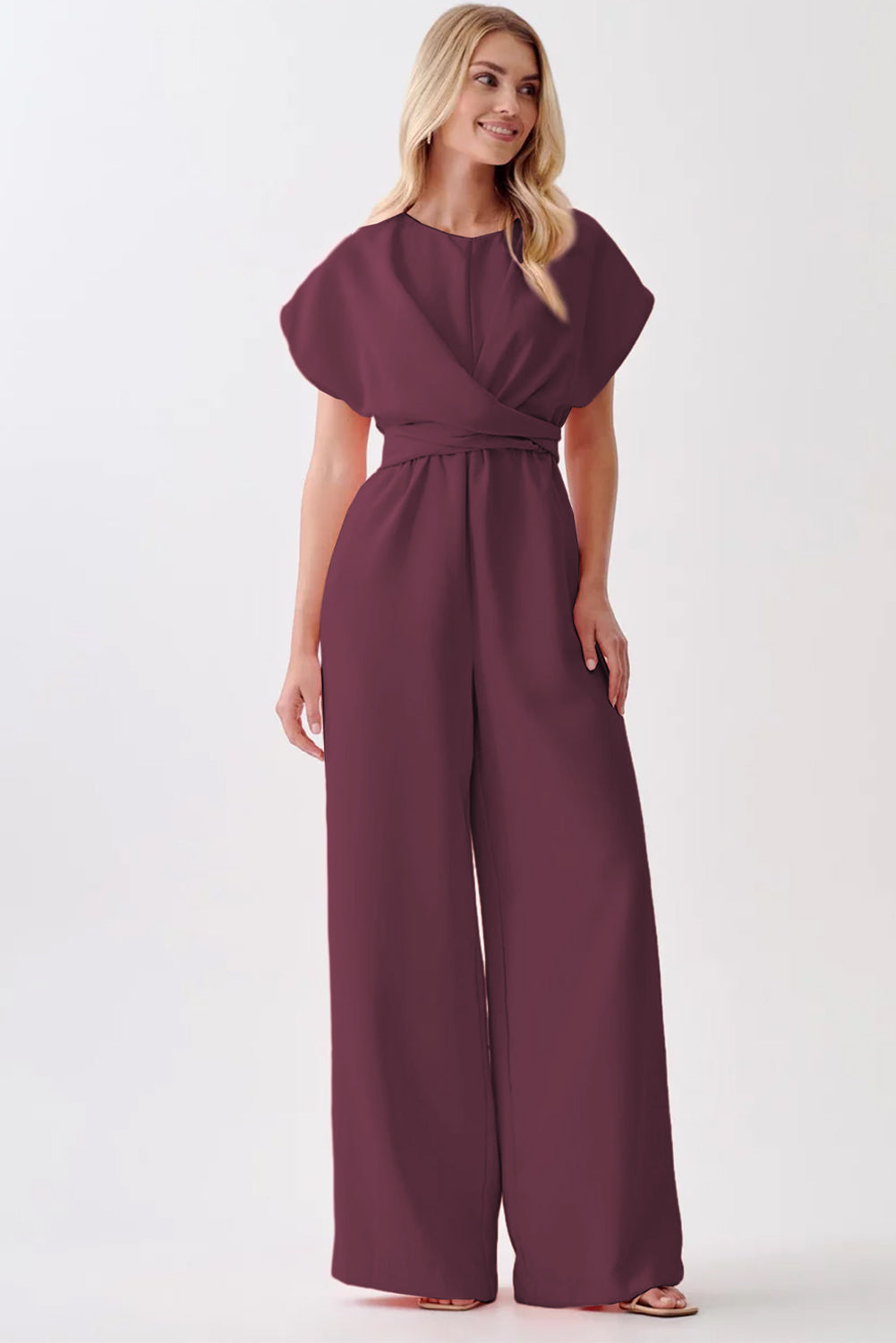 Burgundy Solid Color Cap Sleeve Knot Waist Shift Jumpsuit-Bottoms/Jumpsuits & Rompers-[Adult]-[Female]-2022 Online Blue Zone Planet