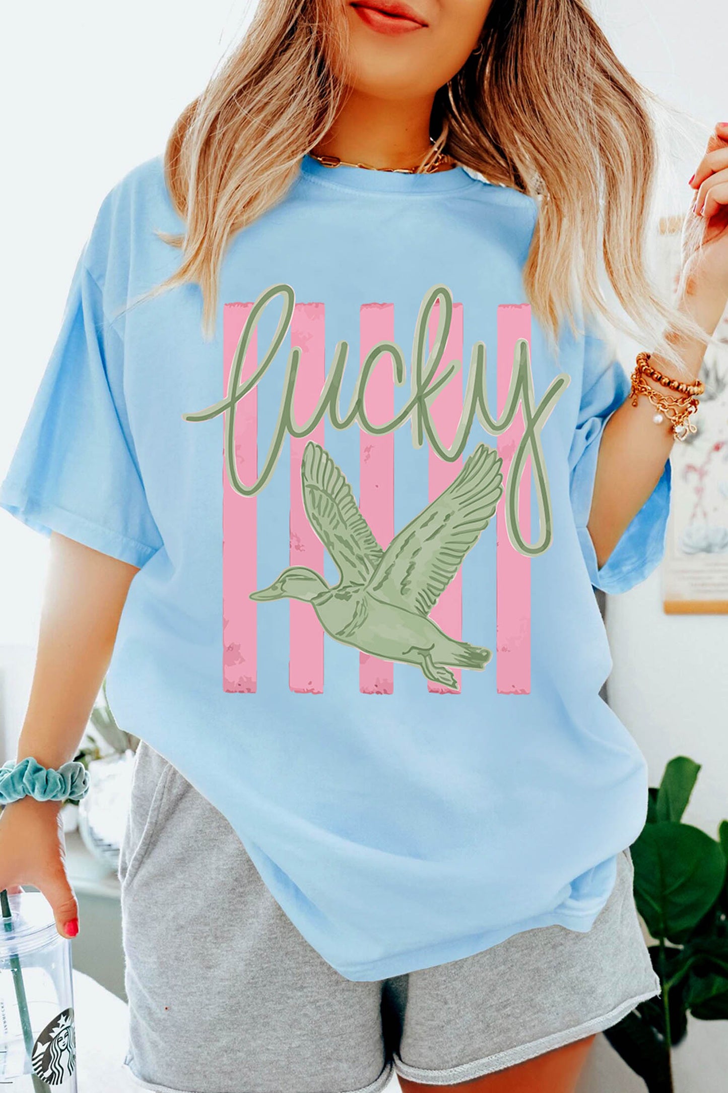 Light Blue Lucky Duck Print Casual Round Neck T Shirt-Graphic/Graphic Tees-[Adult]-[Female]-2022 Online Blue Zone Planet