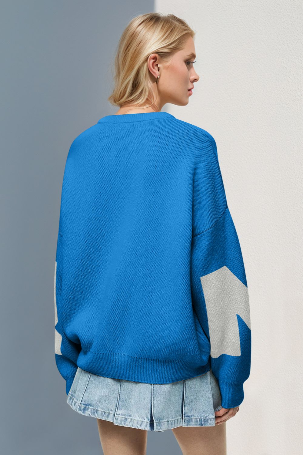 Basic Bae Contrast Letter Round Neck Long Sleeve Sweater-TOPS / DRESSES-[Adult]-[Female]-2022 Online Blue Zone Planet