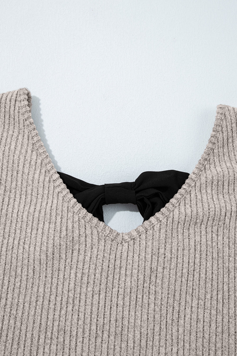 Gray Morn Ribbed Short Sleeve V Neck Colorblock Bow Back Top-Tops/Tops & Tees-[Adult]-[Female]-2022 Online Blue Zone Planet