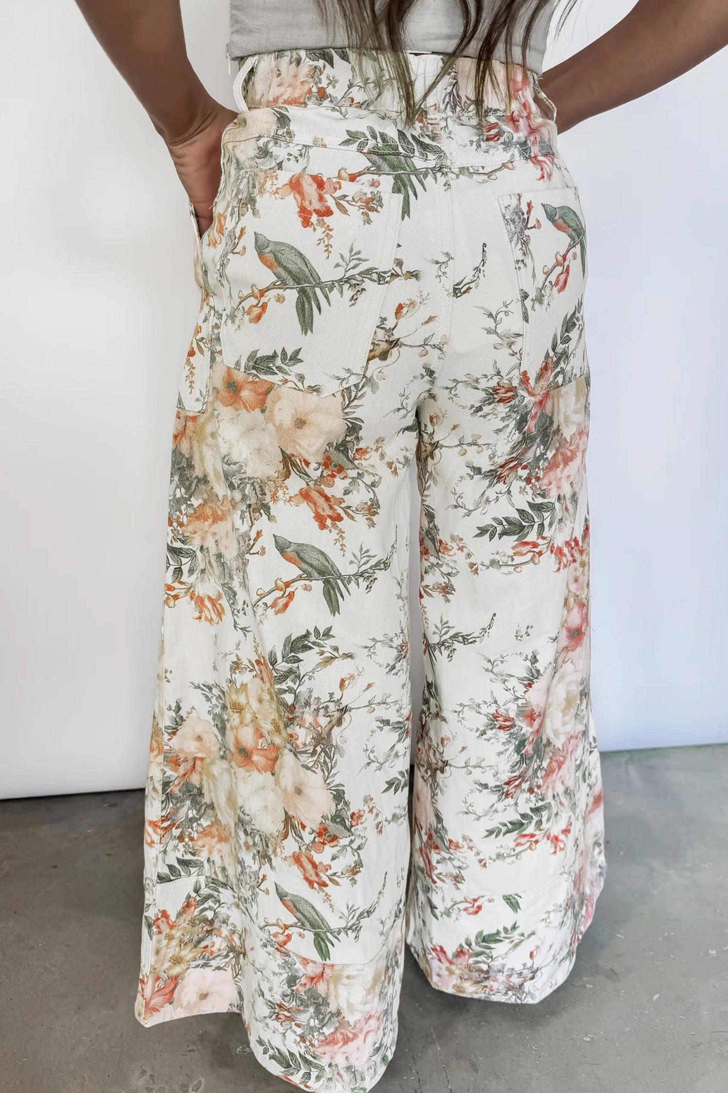 Beige Vintage Style Floral Print High Waist Wide Leg Jeans-Bottoms/Jeans-[Adult]-[Female]-2022 Online Blue Zone Planet