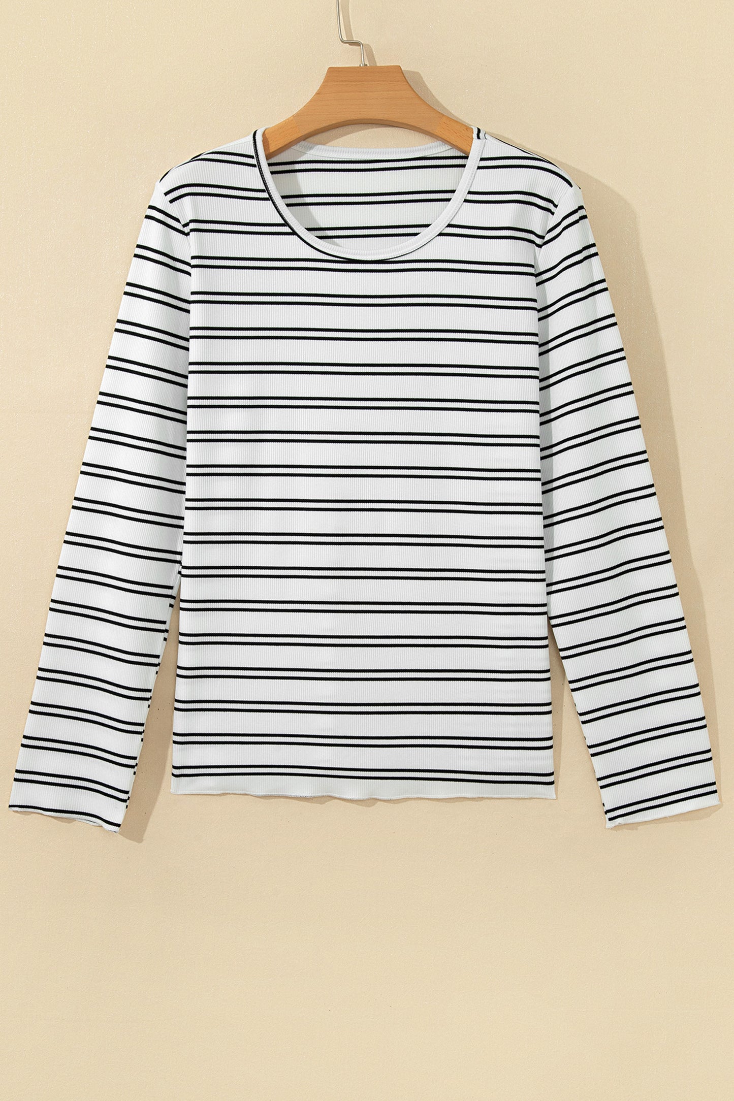 Beige Stripe Ribbed Knit Round Neck Long Sleeve Top-Tops/Long Sleeve Tops-[Adult]-[Female]-2022 Online Blue Zone Planet