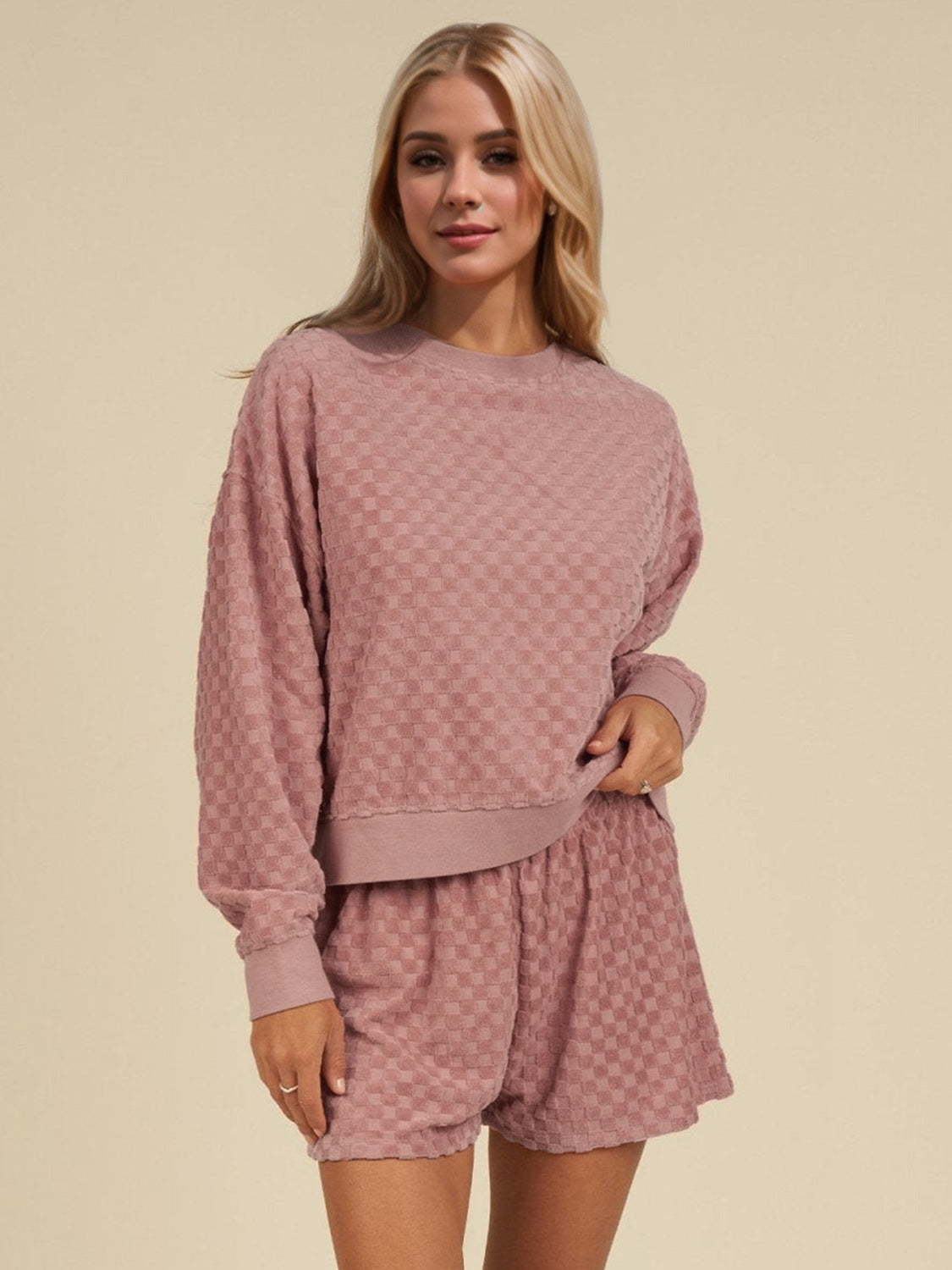 Blue Zone Planet | OH Checkered Round Neck Long Sleeve Top and Shorts Set-TOPS / DRESSES-[Adult]-[Female]-Pale Blush-S-2022 Online Blue Zone Planet