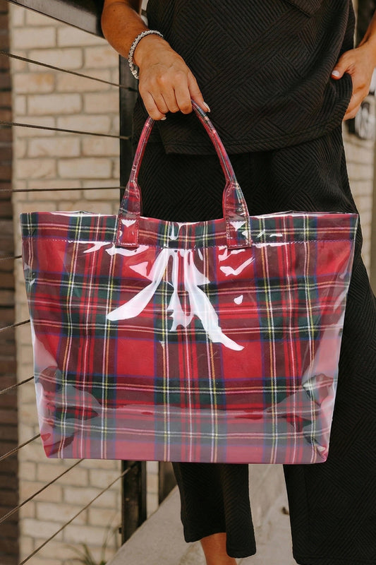 Fiery Red Plaid Pattern Pvc Glossy Waterproof Tote Bag-Shoes & Bags/Handbags-[Adult]-[Female]-Fiery Red-ONE SIZE-2022 Online Blue Zone Planet