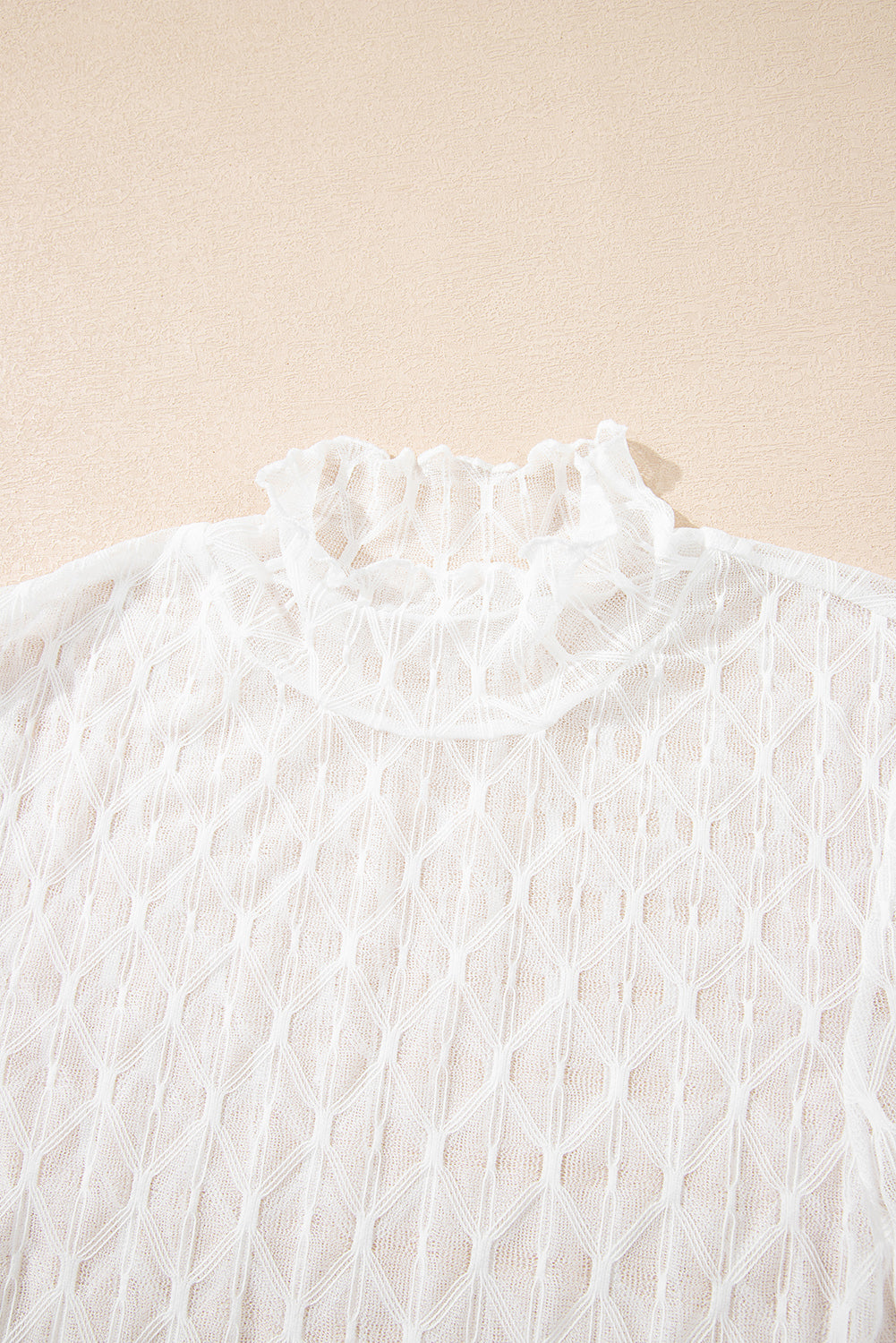Beige Sheer Mesh Patterned Lettuce Trim Slim Long Sleeve Top-Tops/Long Sleeve Tops-[Adult]-[Female]-2022 Online Blue Zone Planet