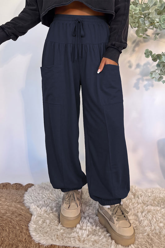 Dirty blue Elastic Waist Drawstring Wide Leg Full Length Pants-Bottoms/Pants & Culotte-[Adult]-[Female]-Dirty blue-S-2022 Online Blue Zone Planet