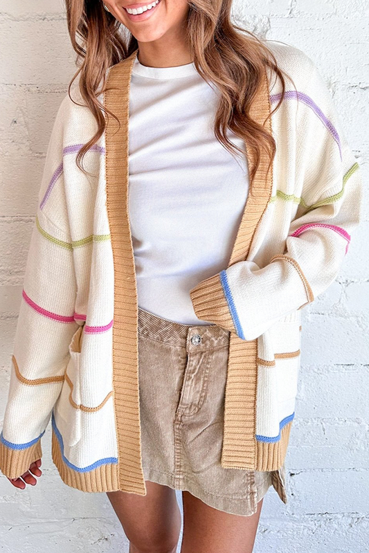White Color Block Striped Open Front Cardigan With Pocket-Sweaters & Cardigans/Cardigans-[Adult]-[Female]-White-S-2022 Online Blue Zone Planet