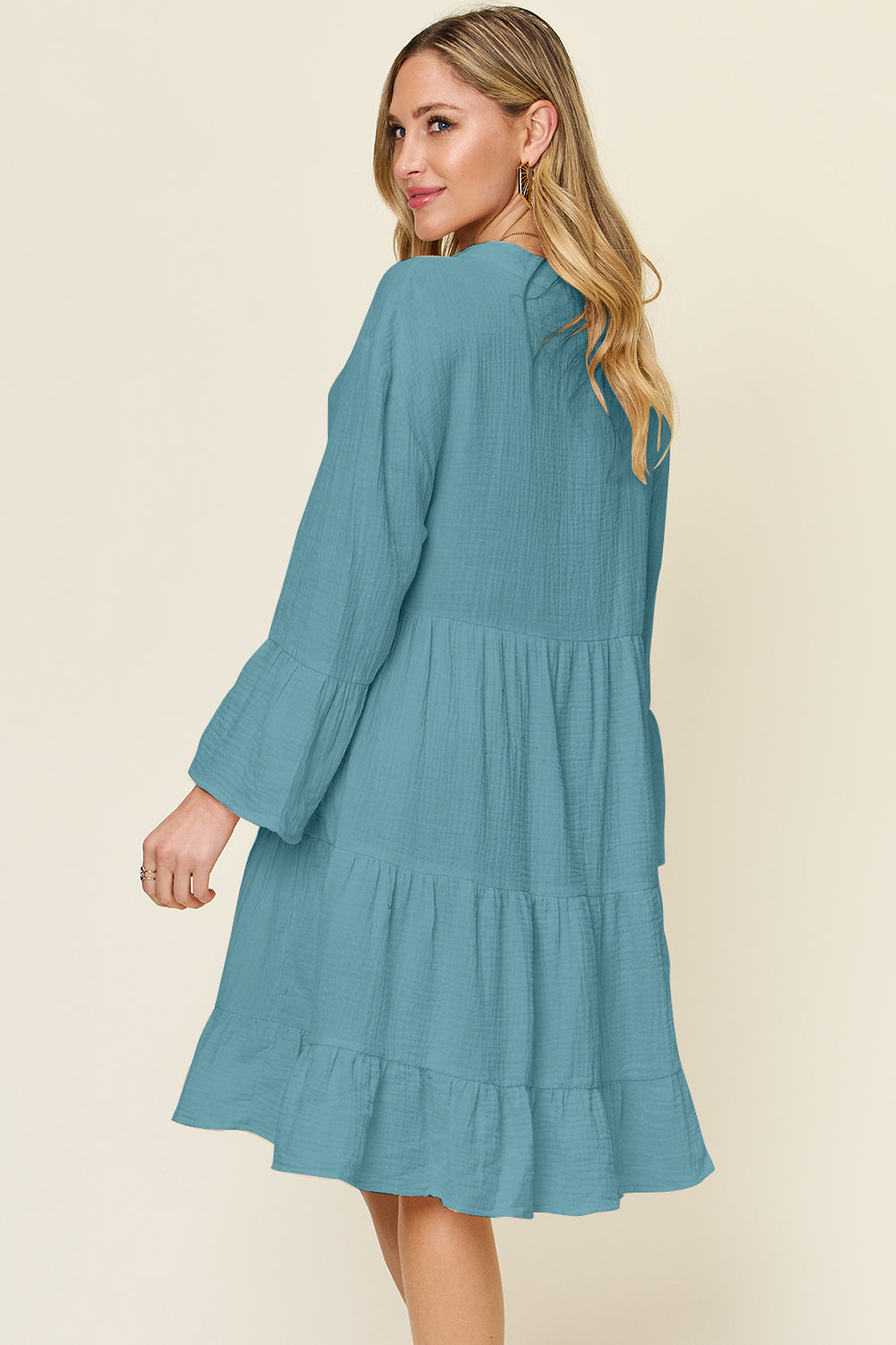 Double Take Full Size Texture Button Up Ruffle Hem Dress-TOPS / DRESSES-[Adult]-[Female]-2022 Online Blue Zone Planet