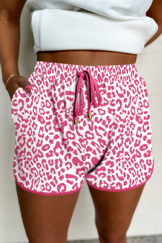 Pink Leopard Elastic Waist Lace Up Contrast Trim Casual Shorts-Bottoms/Casual Shorts-[Adult]-[Female]-Pink-S-2022 Online Blue Zone Planet