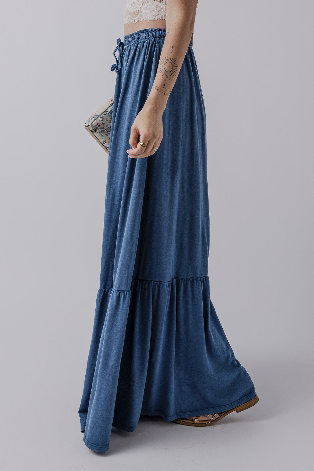 Blue Zone Planet | Sail Blue Solid Color Lace up High Waist Tiered Maxi Skirt-Bottoms/Skirts & Petticoat-[Adult]-[Female]-2022 Online Blue Zone Planet