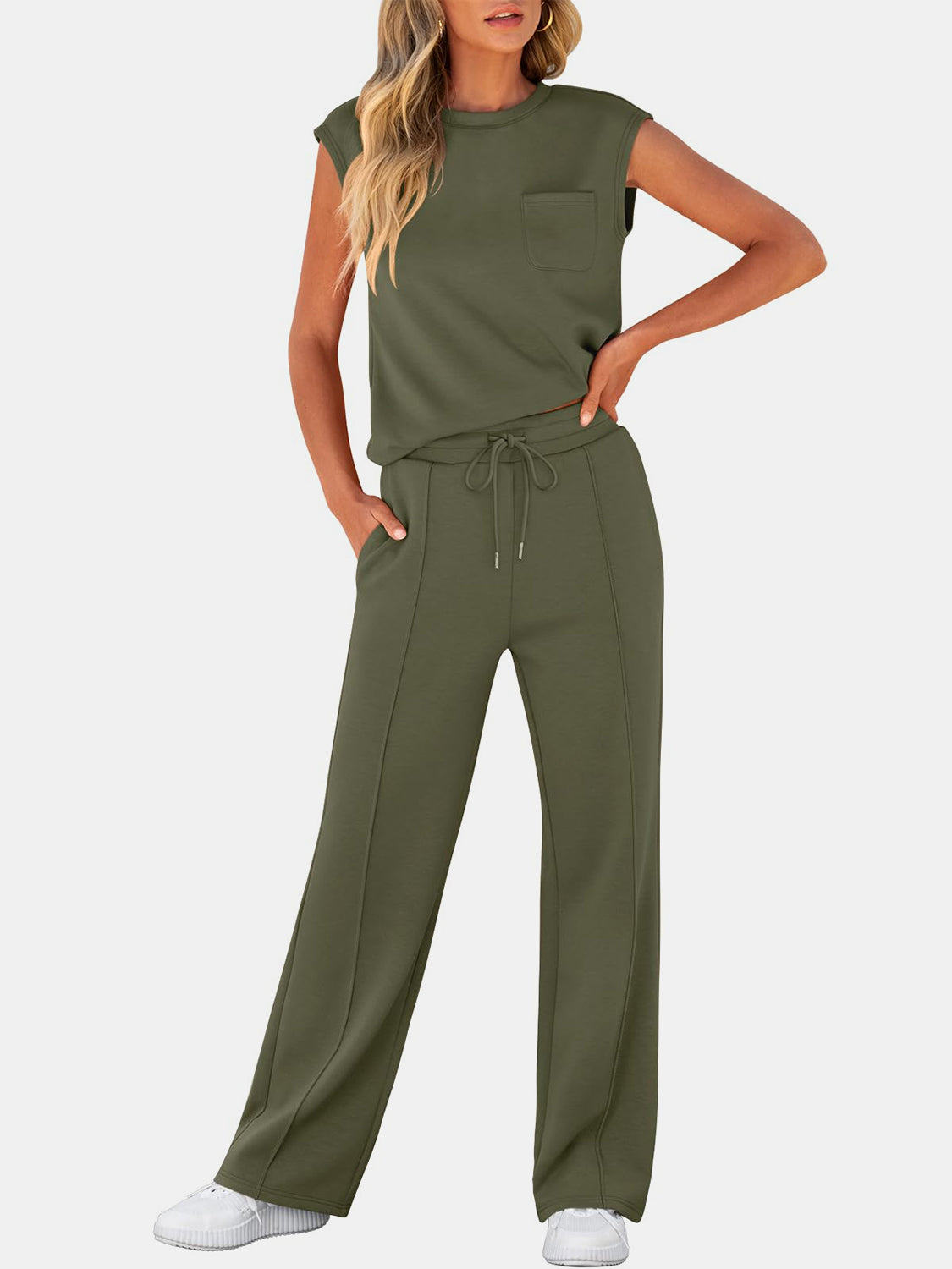 Full Size Round Neck Top and Drawstring Pants Set-TOPS / DRESSES-[Adult]-[Female]-Army Green-S-2022 Online Blue Zone Planet