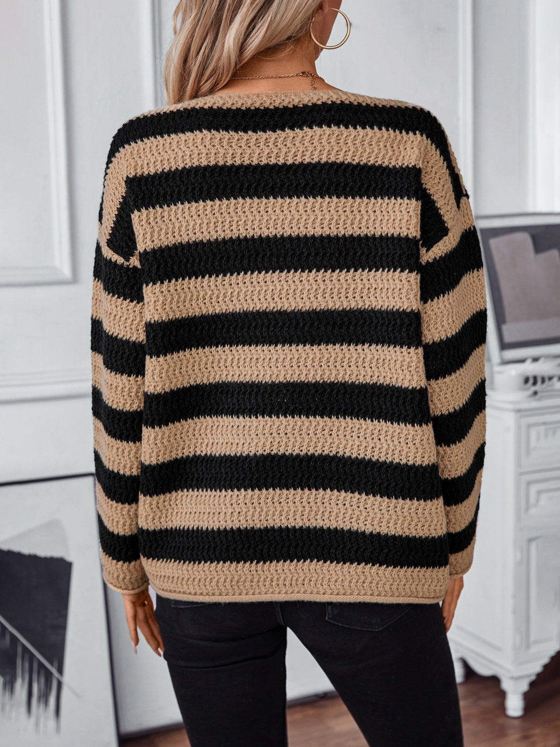 Blue Zone Planet | Striped Dropped Shoulder Long Sleeve Sweater-TOPS / DRESSES-[Adult]-[Female]-2022 Online Blue Zone Planet