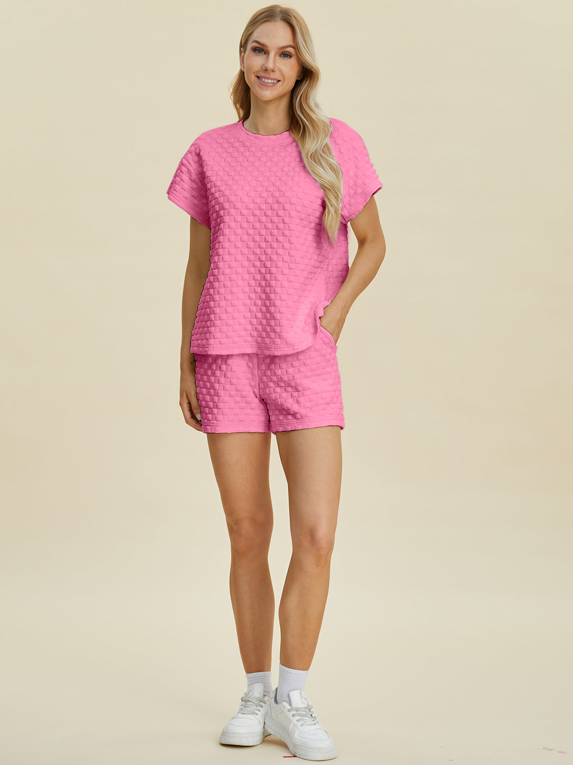 Double Take Full Size Texture T-Shirt and Shorts Set-TOPS / DRESSES-[Adult]-[Female]-2022 Online Blue Zone Planet