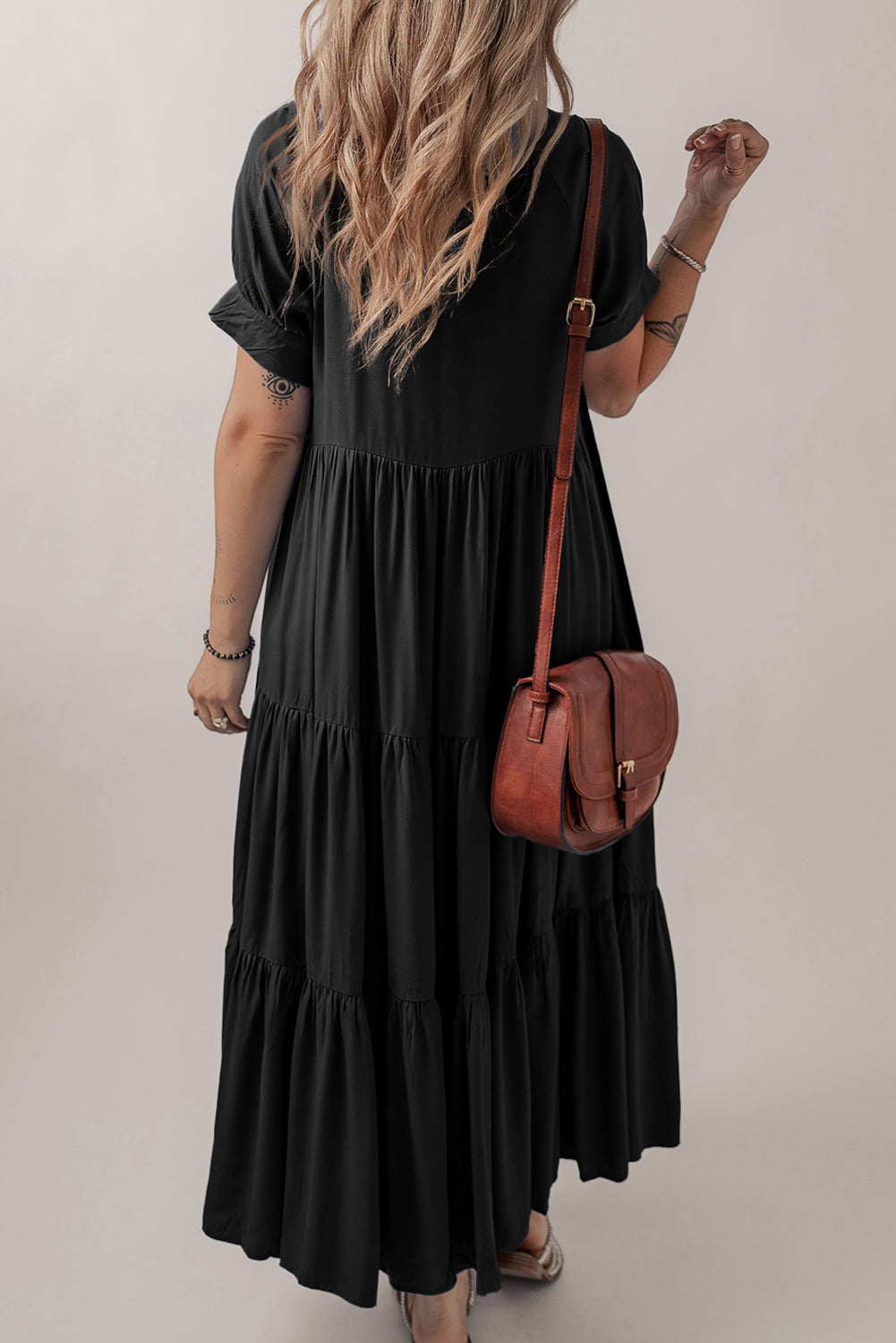 Black Hidden Buttons Short Sleeve Ruffle Tiered Long Flared Dress-TOPS / DRESSES-[Adult]-[Female]-2022 Online Blue Zone Planet