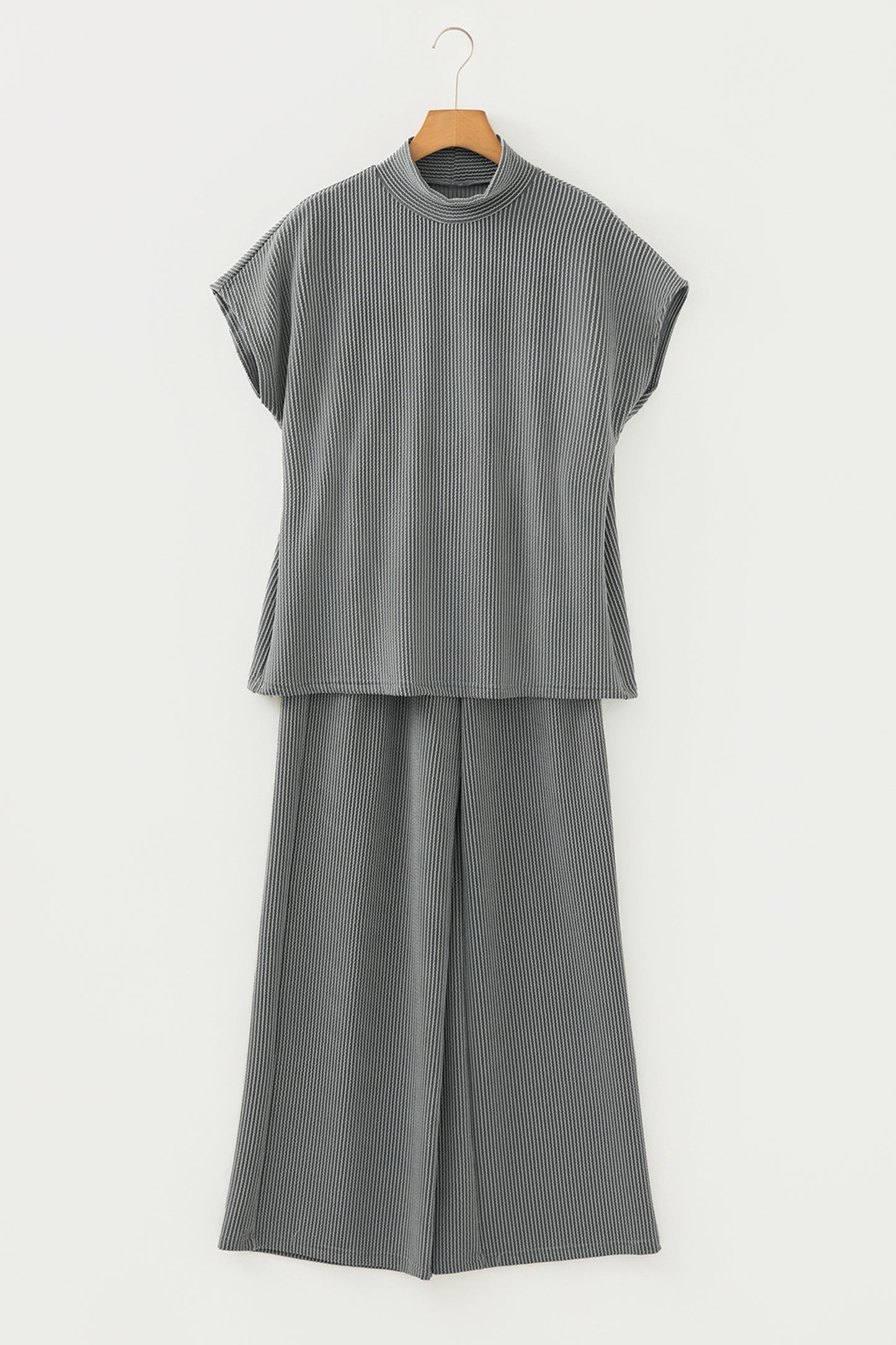 Dark Grey Twisted Ribbed High Neck Loose Tee Elastic High Waist Loose Pant Set-Two Piece Sets/Pant Sets-[Adult]-[Female]-2022 Online Blue Zone Planet