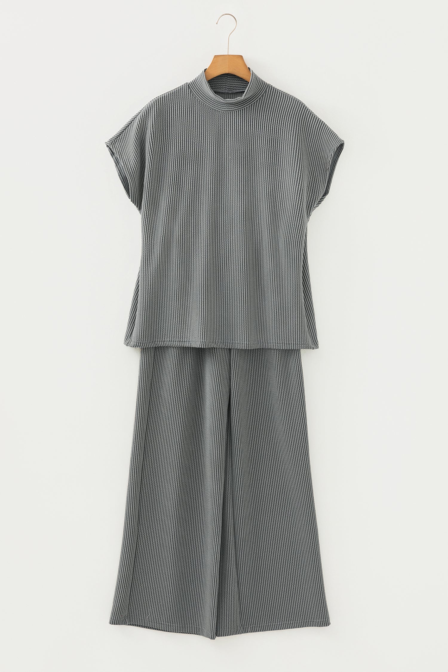 Dark Grey Twisted Ribbed High Neck Loose Tee Elastic High Waist Loose Pant Set-Two Piece Sets/Pant Sets-[Adult]-[Female]-2022 Online Blue Zone Planet