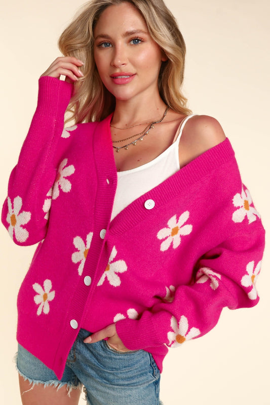 Haptics Full Size Daisy Floral Button Down Long Sleeve Cardigan-TOPS / DRESSES-[Adult]-[Female]-Fuchsia-S-2022 Online Blue Zone Planet