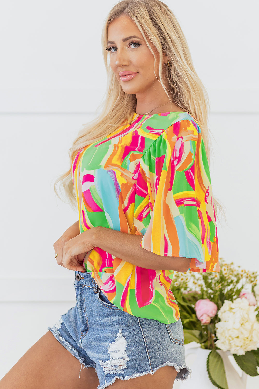 Multicolour Abstract Print Keyhole Back Pleated Half Sleeve Blouse-Tops/Blouses & Shirts-[Adult]-[Female]-2022 Online Blue Zone Planet