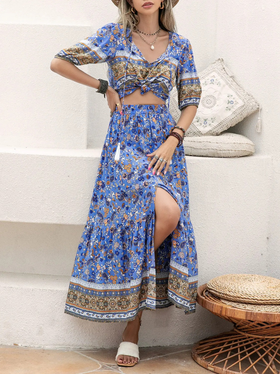 Ditsy Floral Tie Neck Top and Slit Skirt Set-BOTTOMS SIZES SMALL MEDIUM LARGE-[Adult]-[Female]-Blue-S-2022 Online Blue Zone Planet