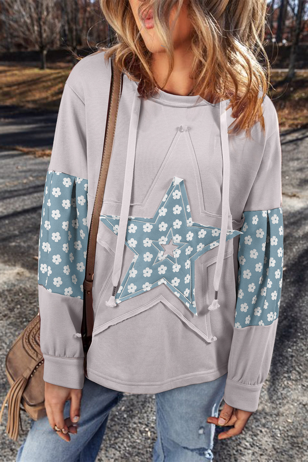 Floral Patchwork Star Pattern Drawstring Hoodie-TOPS / DRESSES-[Adult]-[Female]-2022 Online Blue Zone Planet